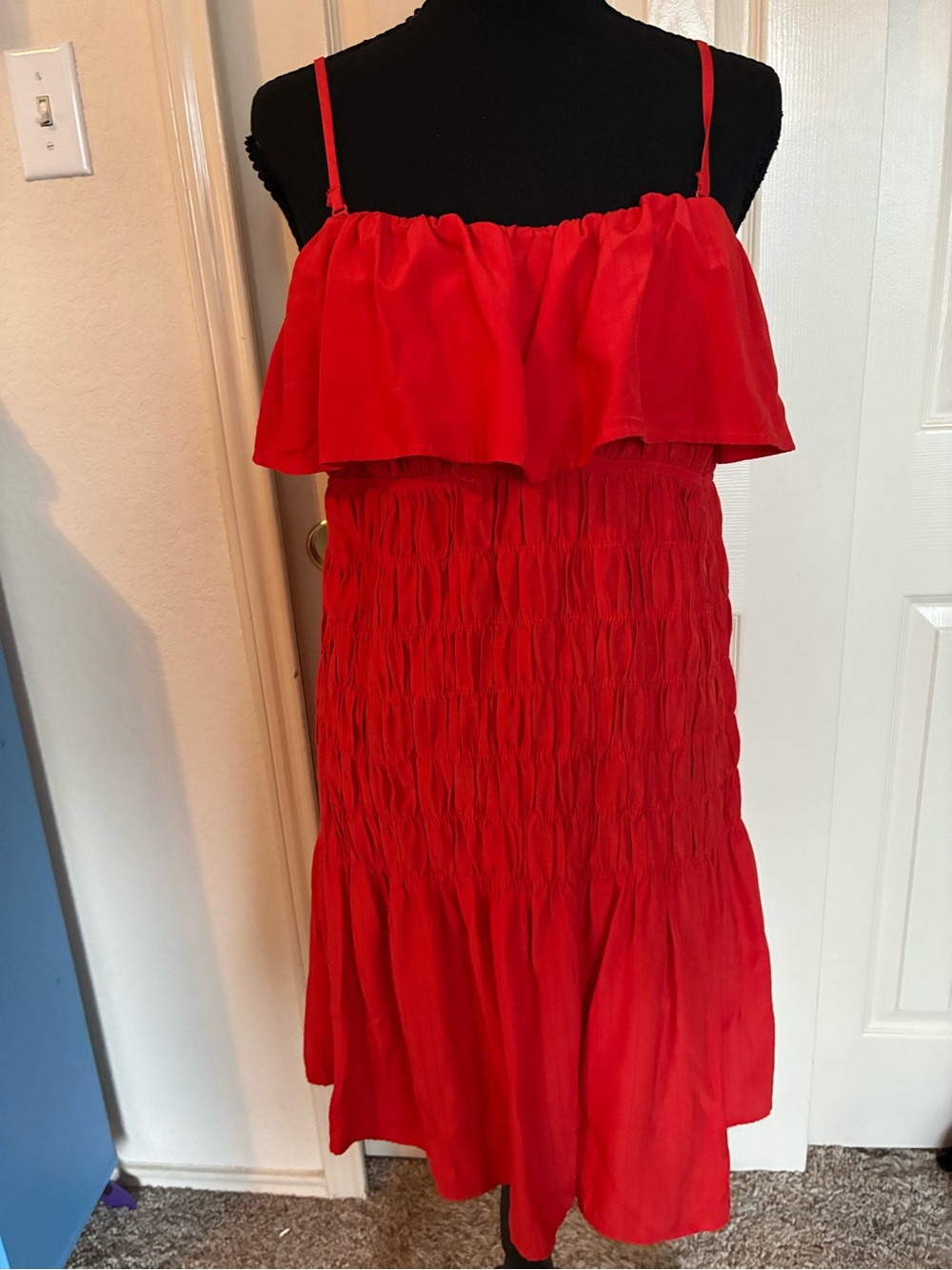 Red Smocked Midi Dress with Ruffle Bodice